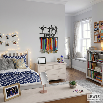 Bedroom with medal display, bed, nightstand, and bookshelf.