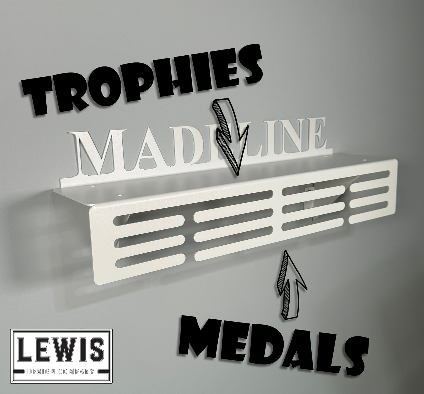 Custom Name Trophy Shelf with Medal Hangers