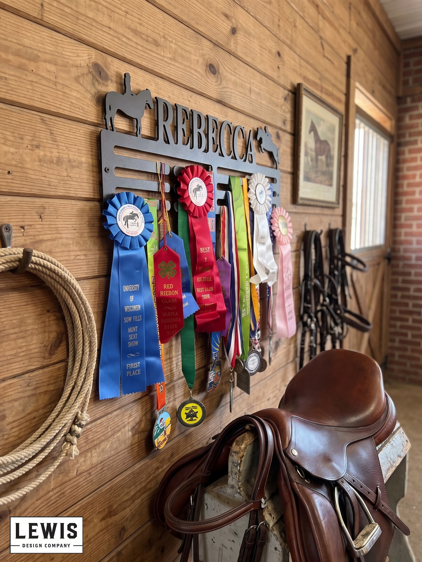 Horse riding equipment including a saddle, lasso, and ribbons on a wooden wall with 'Pinebrook' branding.