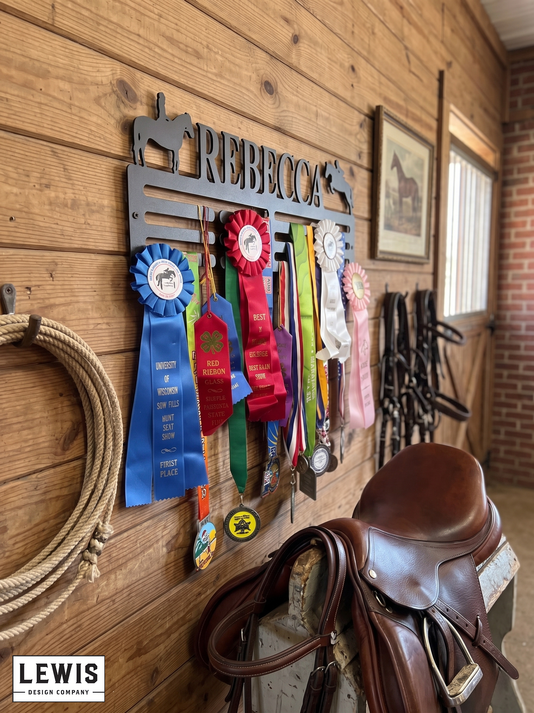Horse riding equipment including a saddle, lasso, and ribbons on a wooden wall with 'Pinebrook' branding.
