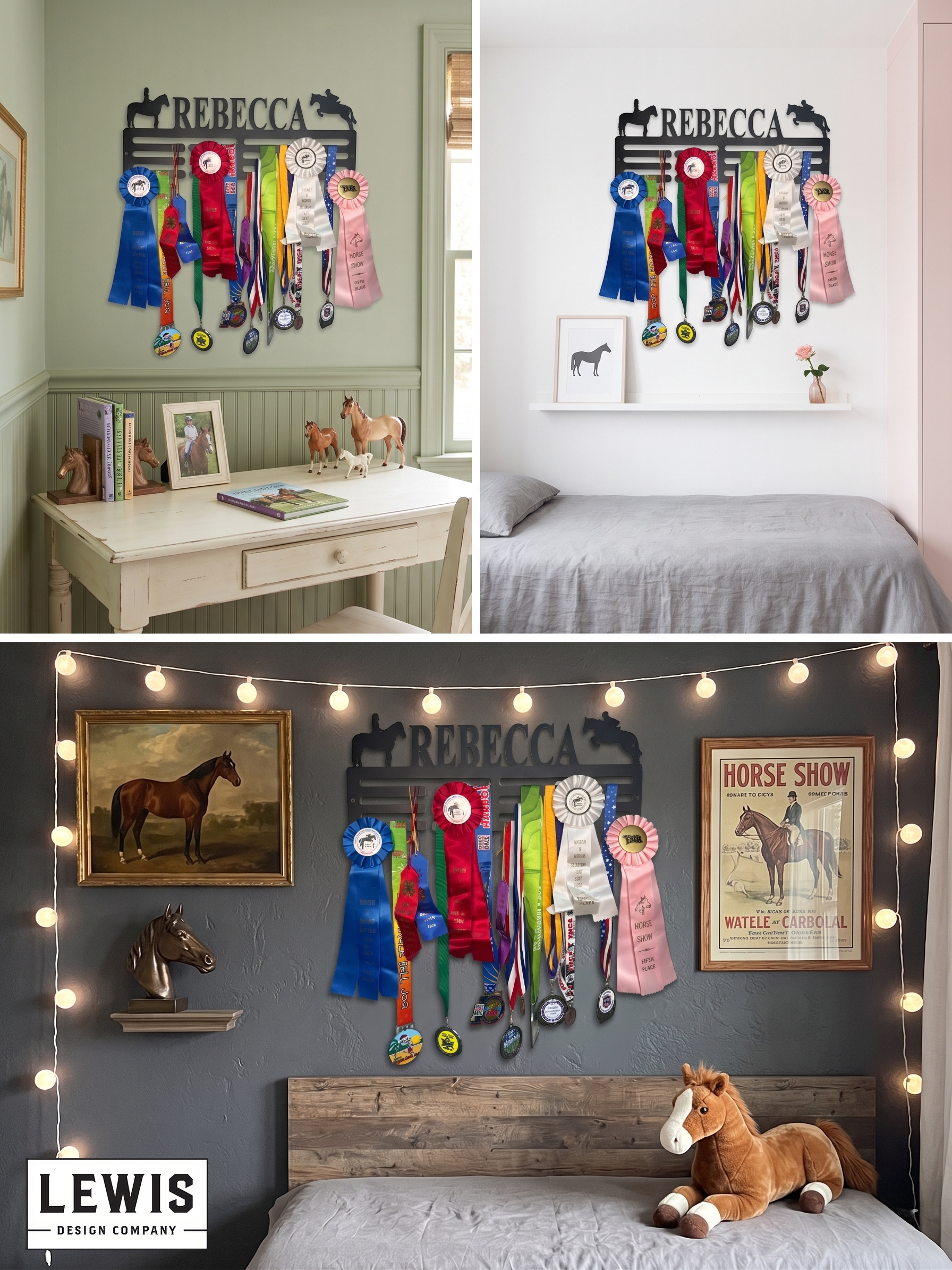 Bedroom with horse show ribbons displayed on a wall rack, surrounded by decor and furniture.