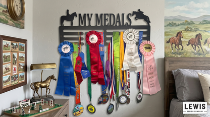 Medal and ribbon display on a wall with 'My Medals' sign, surrounded by horse-themed decor.