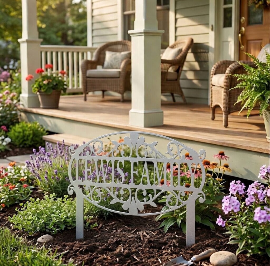 Decorative metal garden sign with 'Gardenia' on a garden bed in front of a house with a porch.