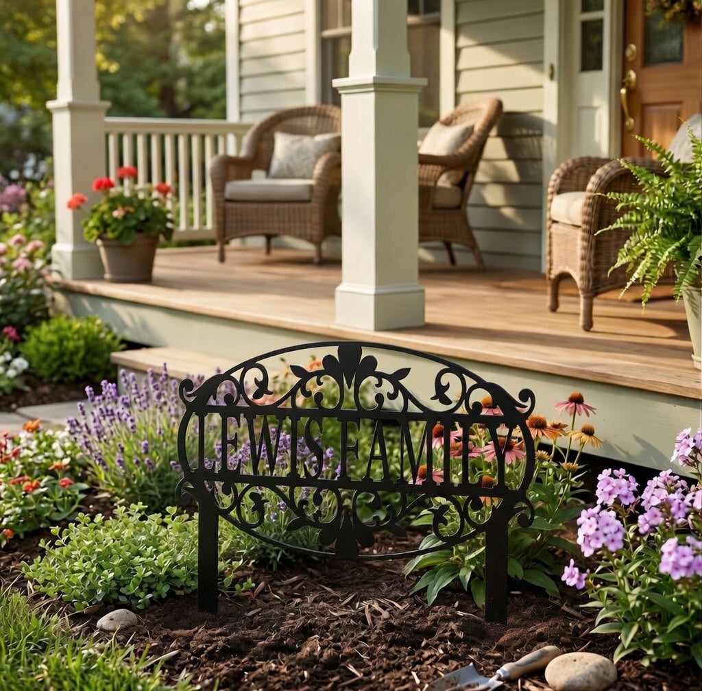 Decorative metal bench with 'Happy Home' engraving in a garden setting.