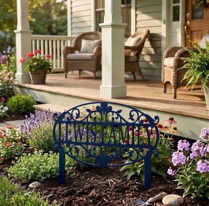 Decorative metal bench with 'Wishham' engraving in a garden setting.