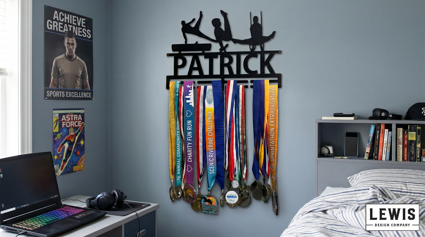 Male gymnastics medal and award hanger.  Gymnastics award display. 
