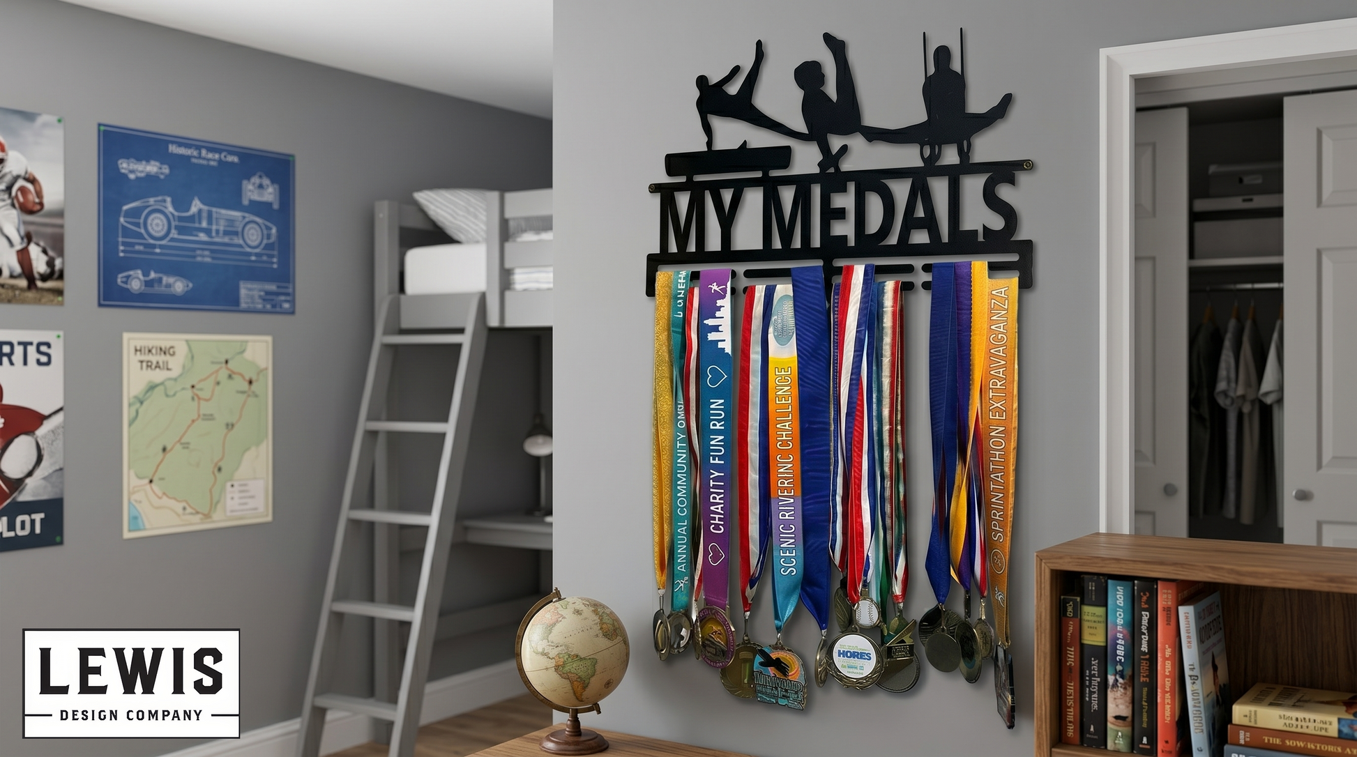 Male gymnastics medal and award hanger.  Gymnastics award display. 