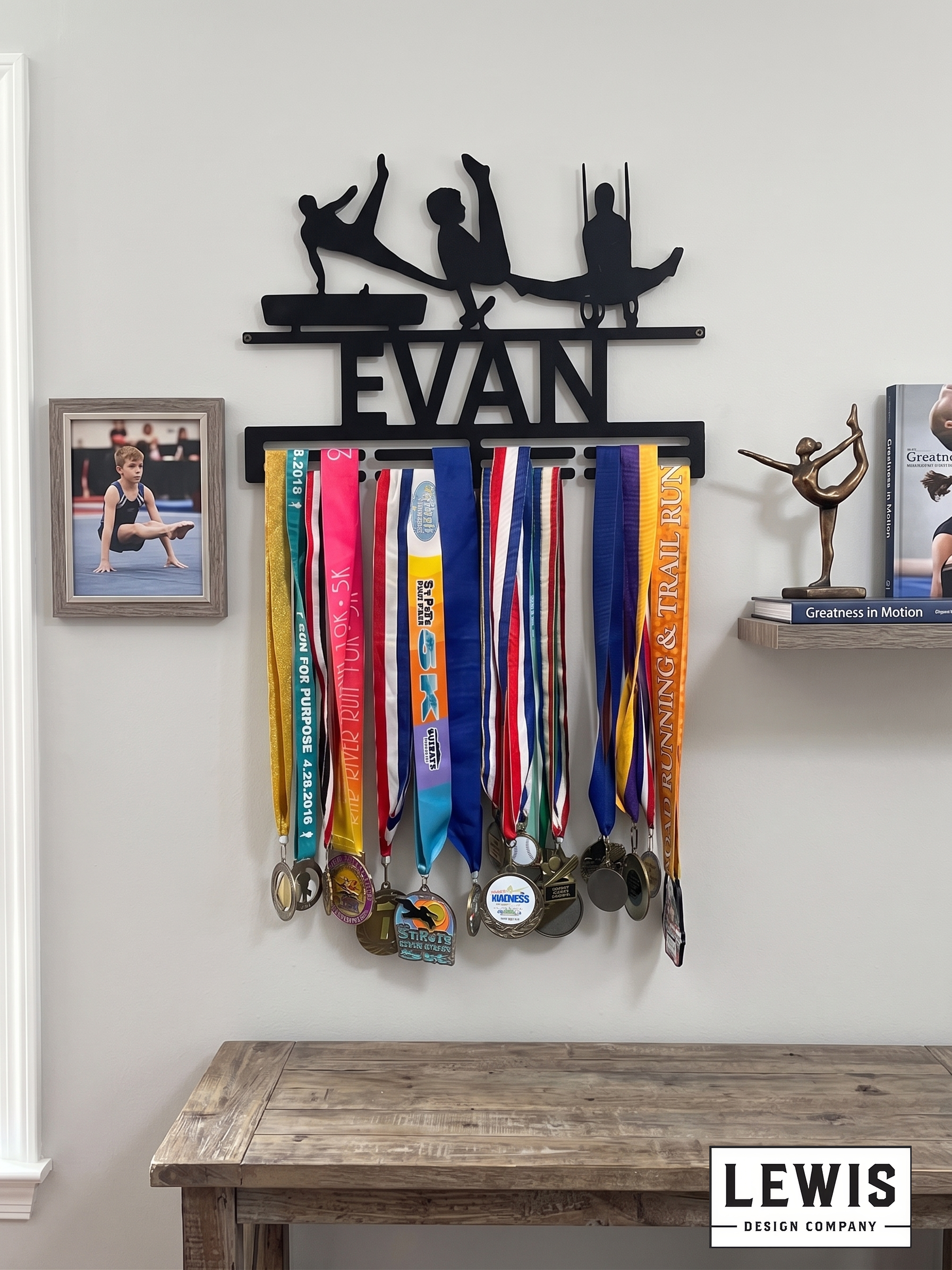 Male gymnastics medal and award hanger.  Gymnastics award display. 