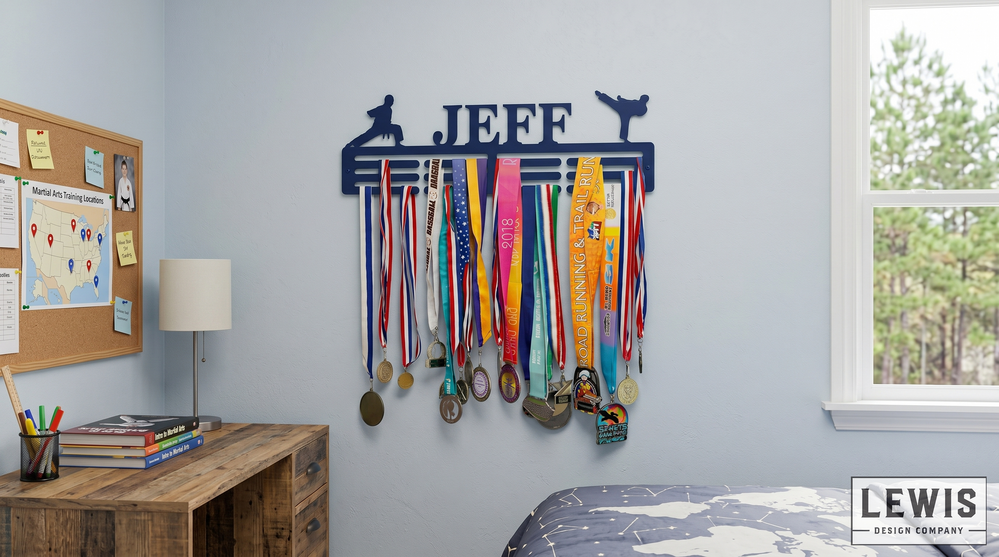 Karate Medal holder with medals on a wall in a room with a desk and window