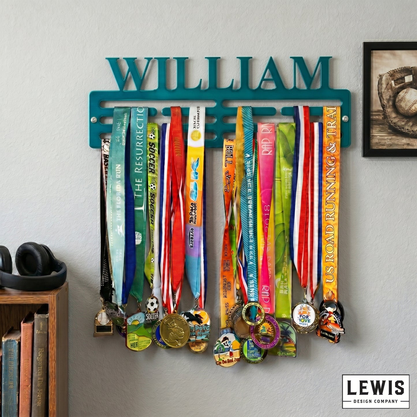 Custom name metal medal hanger in 14-gauge powder-coated steel