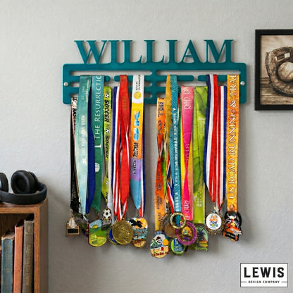 Custom name metal medal hanger in 14-gauge powder-coated steel