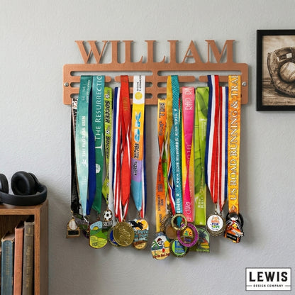 Custom name metal medal hanger in 14-gauge powder-coated steel