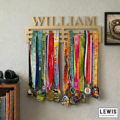 Custom name metal medal hanger in 14-gauge powder-coated steel