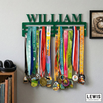 Custom name metal medal hanger in 14-gauge powder-coated steel
