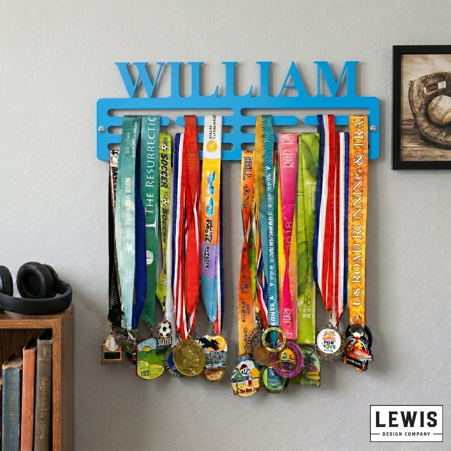 Custom name metal medal hanger in 14-gauge powder-coated steel