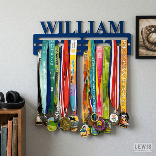 CUSTOM  NAME Medal holder with colorful ribbons and medals on a wall, branded 'LEWIS DESIGN COMPANY'