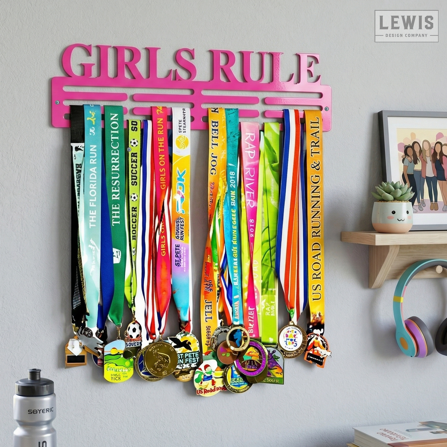CUSTOM  NAME Medal holder with colorful ribbons and medals on a wall, branded 'LEWIS DESIGN COMPANY'