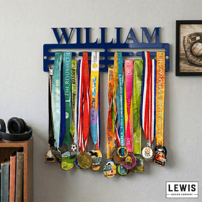 Custom name metal medal hanger in 14-gauge powder-coated steel