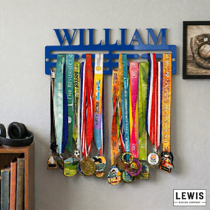 Custom name metal medal hanger in 14-gauge powder-coated steel