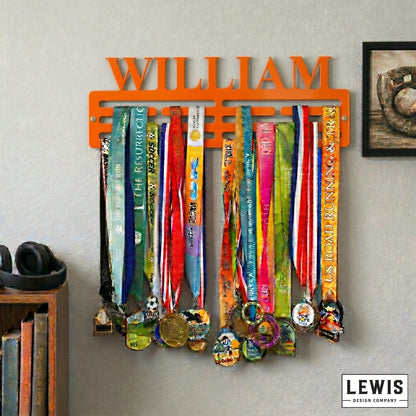 Custom name metal medal hanger in 14-gauge powder-coated steel