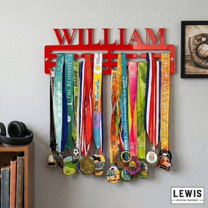 Custom name metal medal hanger in 14-gauge powder-coated steel
