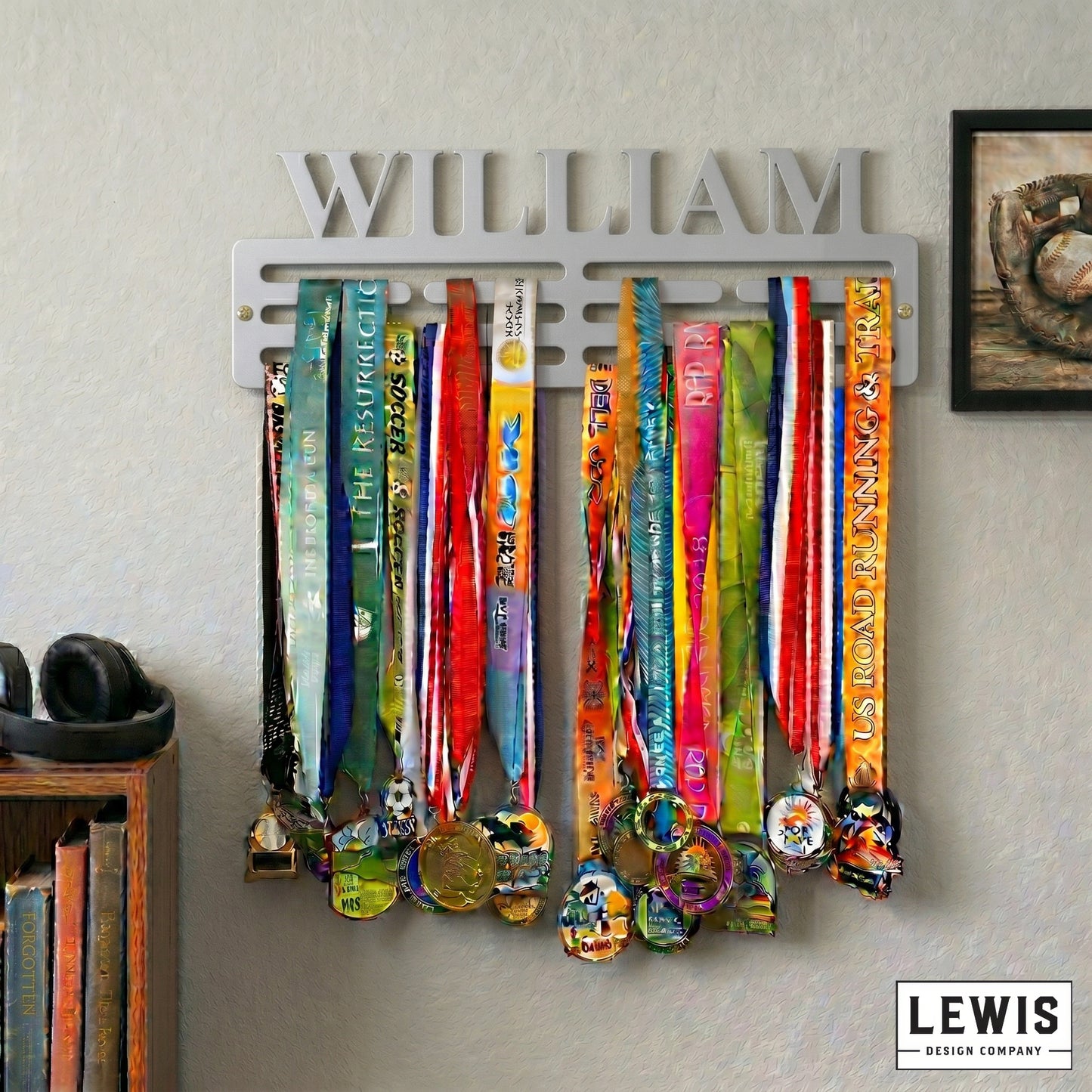 Custom name metal medal hanger in 14-gauge powder-coated steel