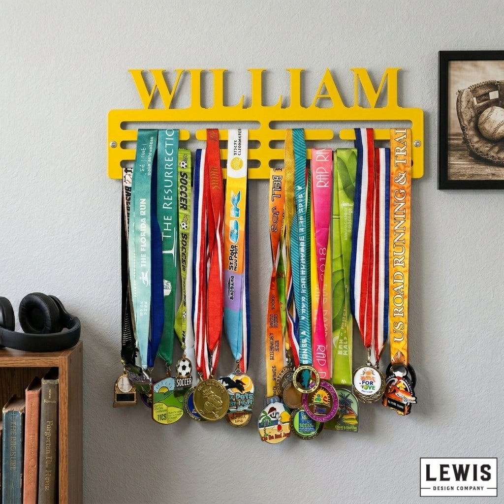 Custom name metal medal hanger in 14-gauge powder-coated steel