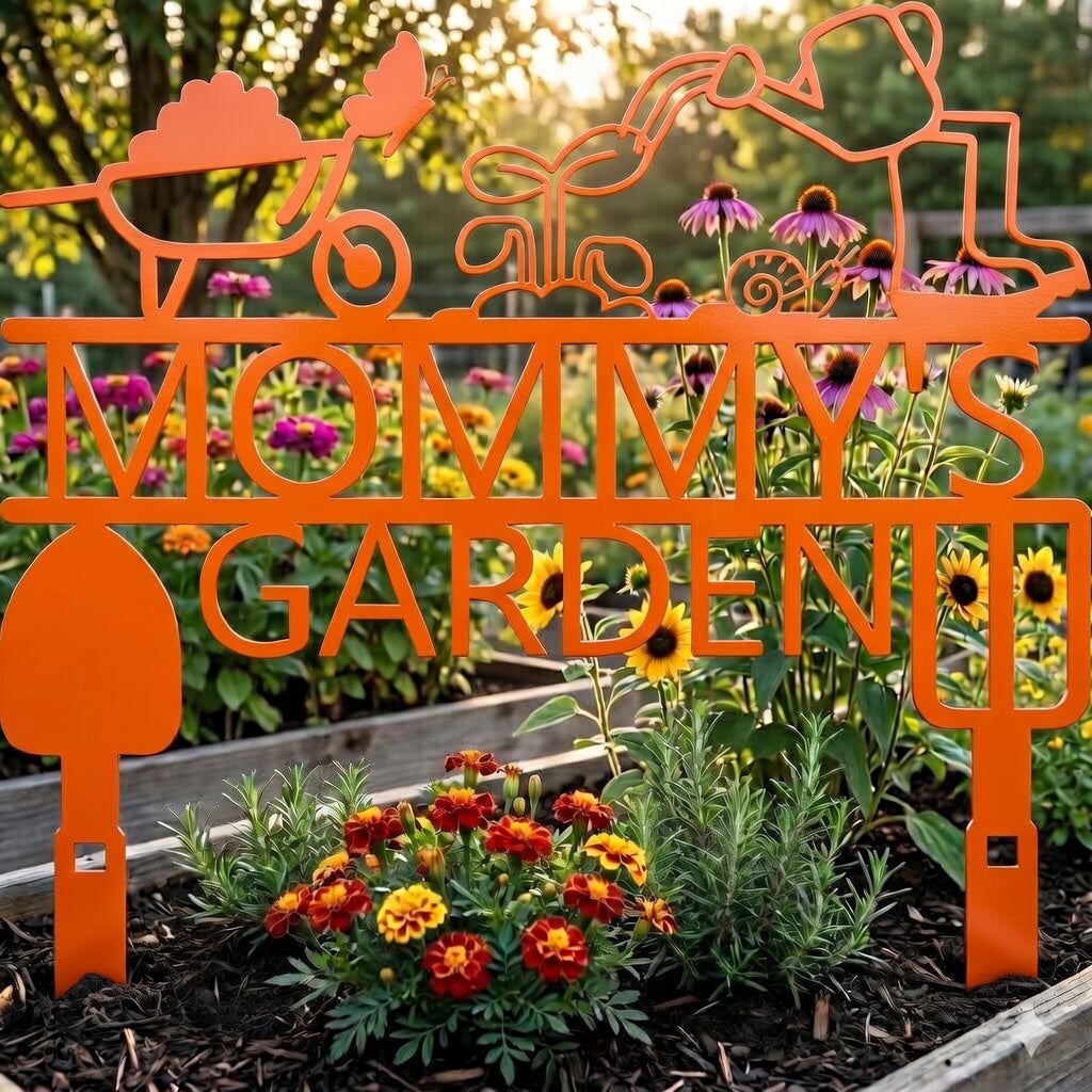 Orange metal sign with 'Mommy's Garden' in a garden setting with flowers and plants.