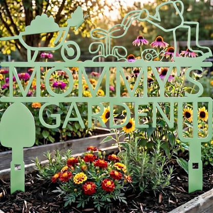 Decorative garden sign with 'Mommy's Garden' text among flowers