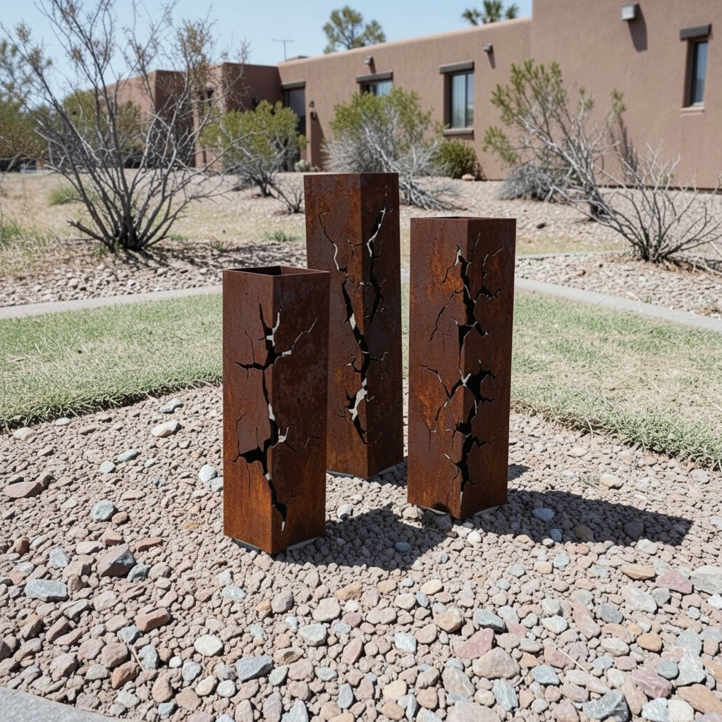 Rusted decorative posts in a rocky flower bed