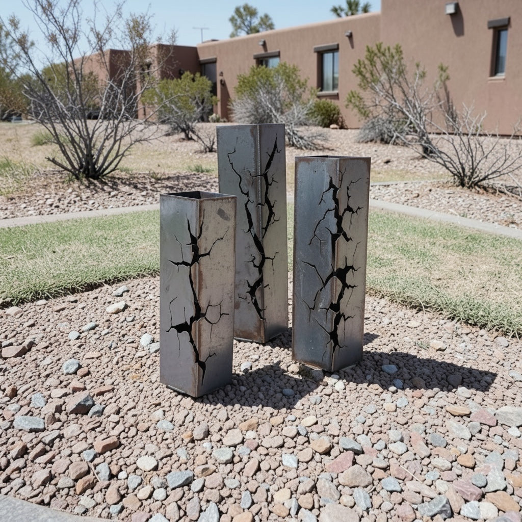 Three metallic posts with a cracked design on a pebble ground with a desert landscape in the background.