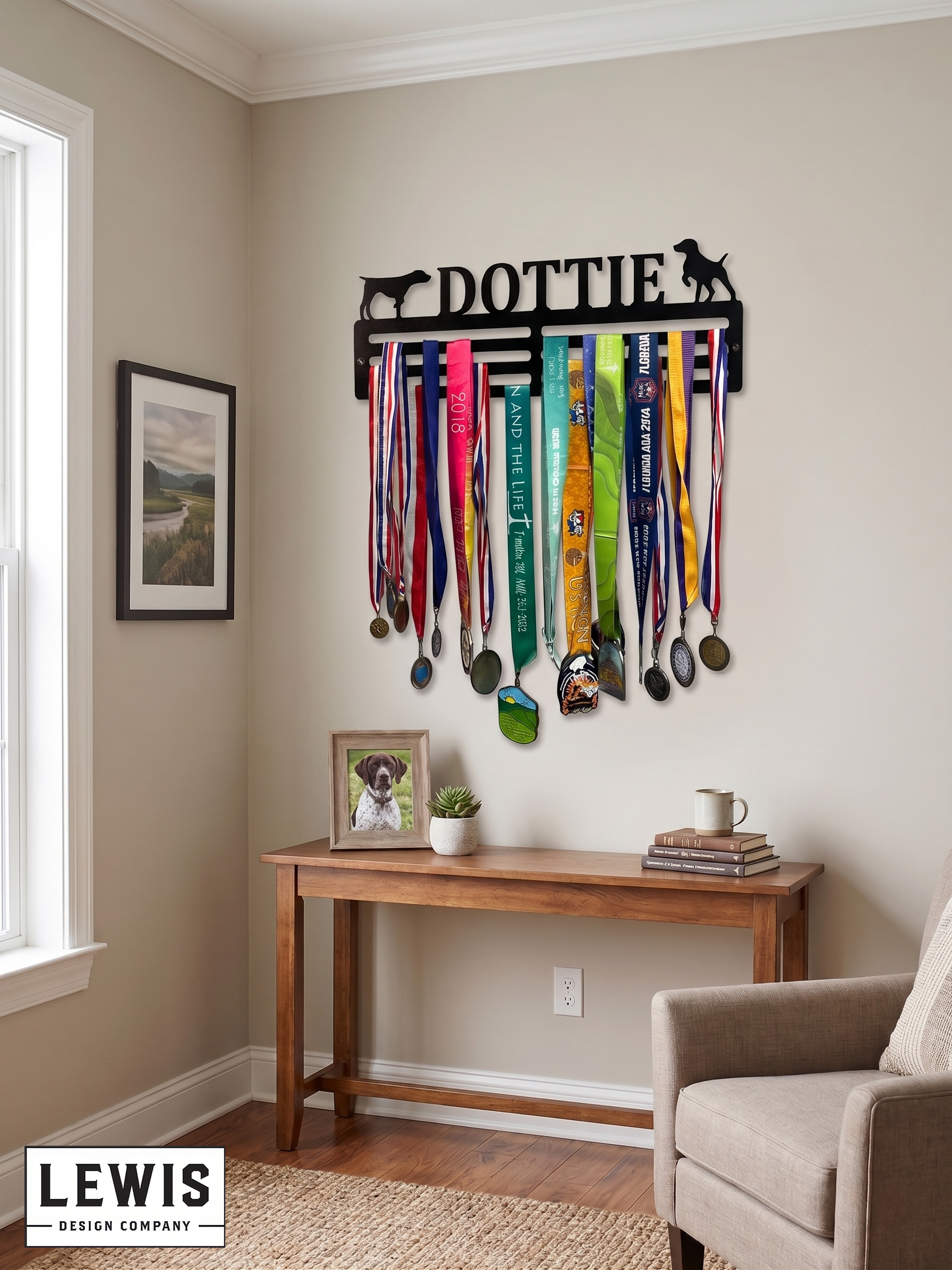 Wall-mounted medal holder with dog-themed design displaying various medals in a room with a table and chair.