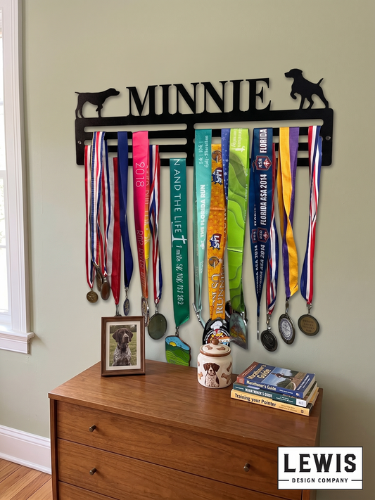 Dog medal holder with ribbons and books on a wooden dresser against a light green wall.
