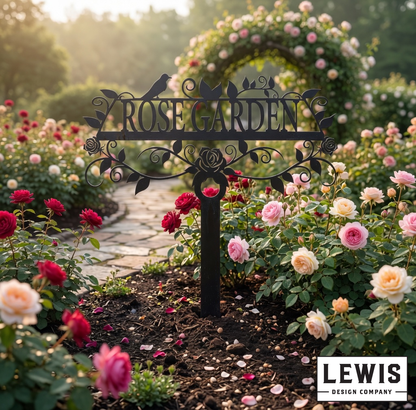 Decorative 'Rose Garden' sign in a lush garden with colorful roses.