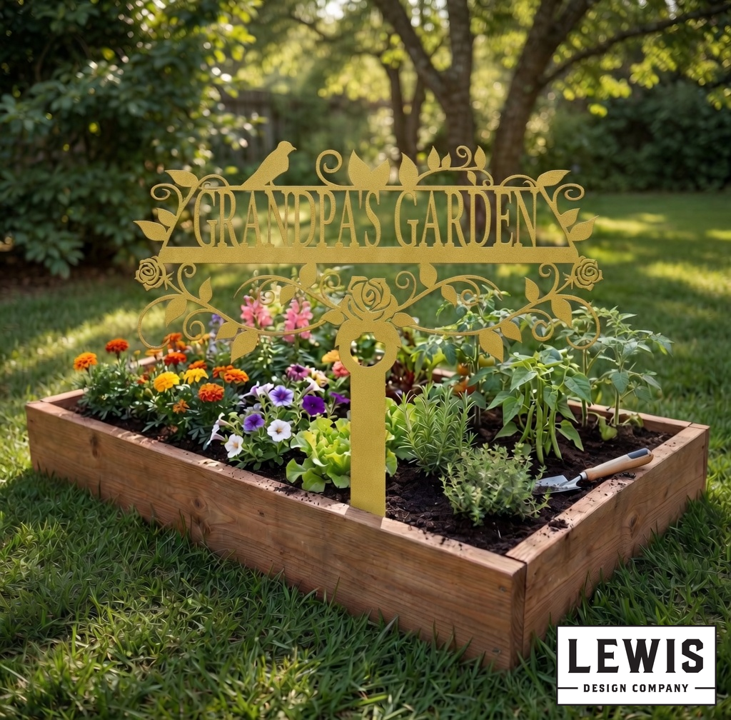 Garden bed with 'Grandpa's Garden' sign and Lewis Design Company branding.