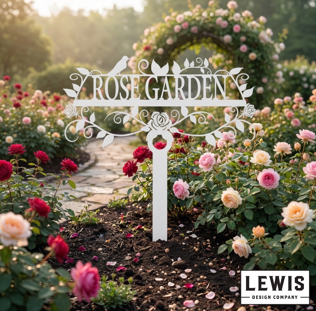 Decorative 'Rose Garden' sign in a garden with pink and red roses.