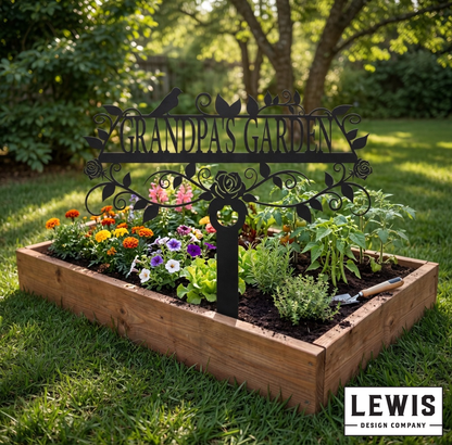 Garden bed with decorative metal sign reading 'Grandpa's Garden' in a backyard setting.