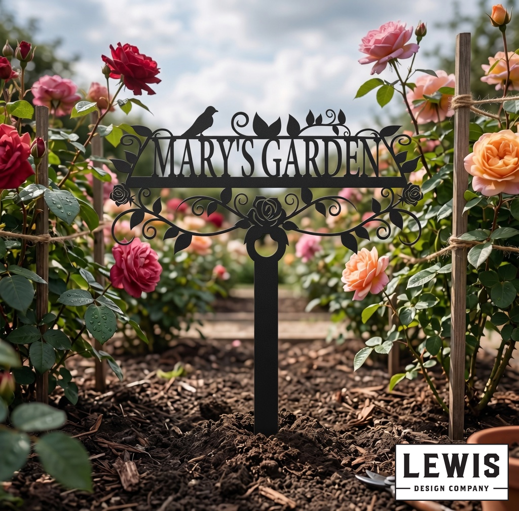 Garden sign with 'MARY'S GARDEN' in a rose garden, featuring the Lewis Design Company logo.