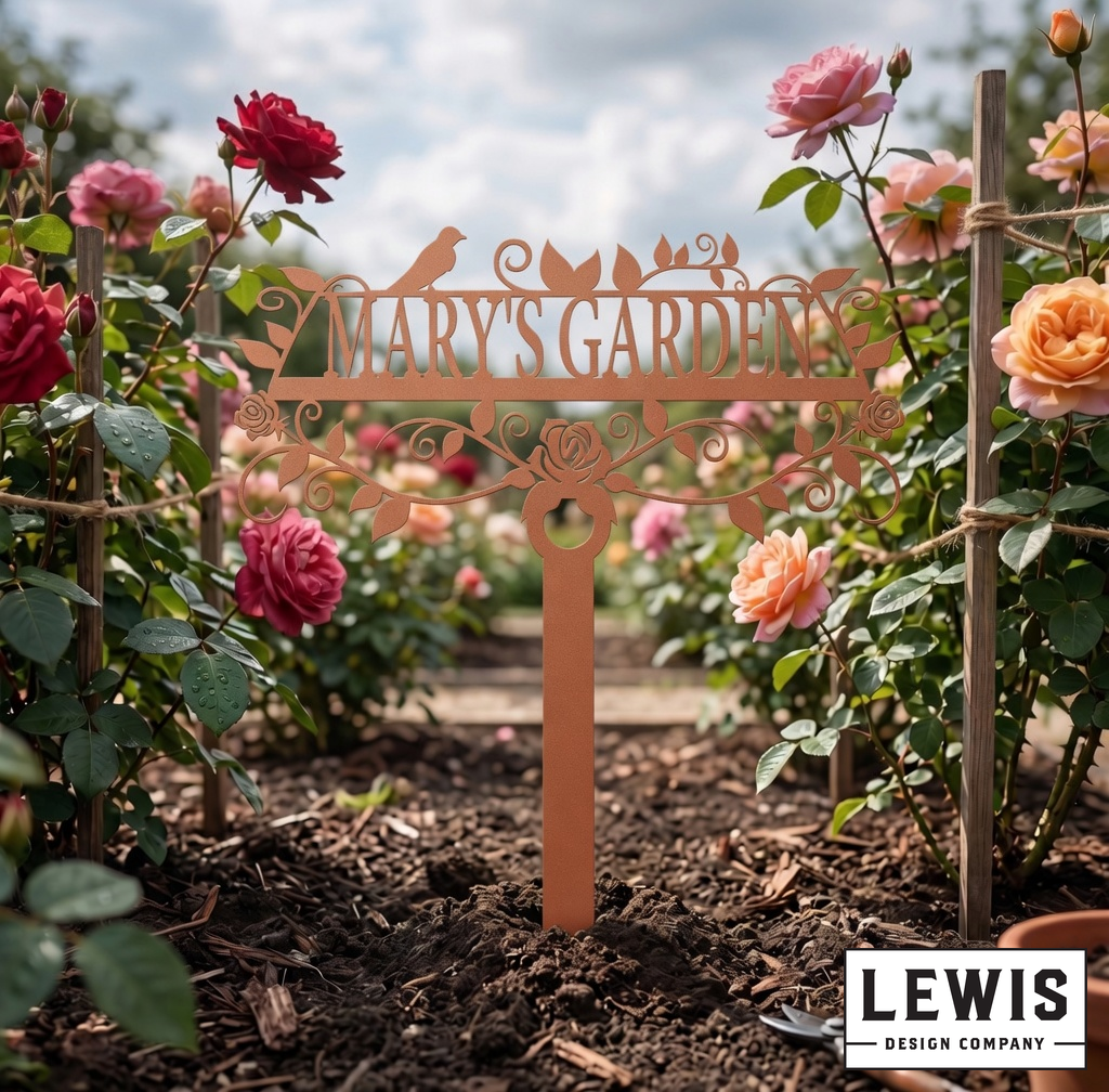 Decorative garden sign with 'MARY'S GARDEN' in a rose garden, featuring the Lewis Design Company logo.