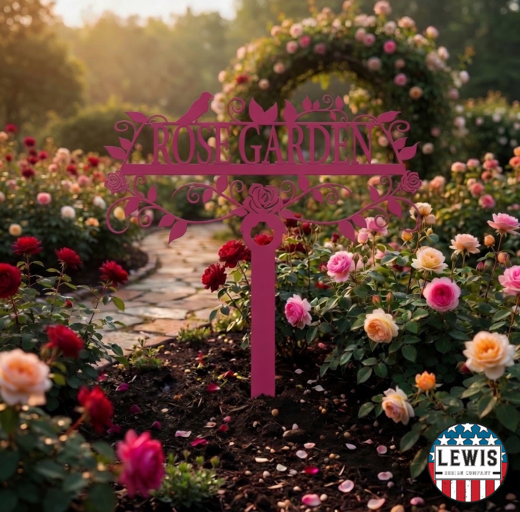 Decorative 'Rose Garden' sign in a garden with pink and red roses.