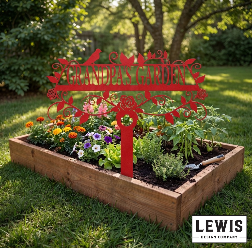 Red metal garden sign with 'Grandpa's Garden' in a garden setting, featuring a wooden planter with plants and flowers.