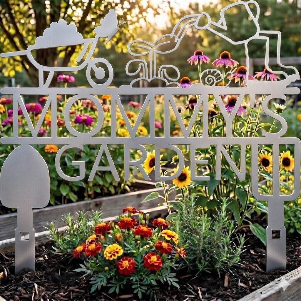 Decorative metal sign with 'Mommy's Garden' in a garden setting with flowers.