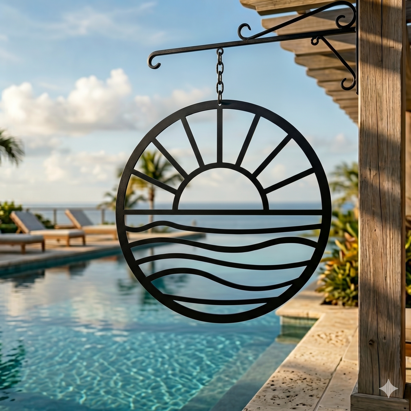 Black Sun and Waves metal wall art hanging poolside at a coastal beach house with palm trees and ocean view