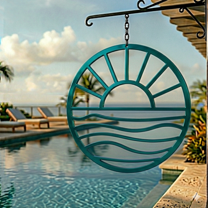 Candy teal Sun and Waves metal wall art hanging poolside at beach house for tropical coastal patio decor
