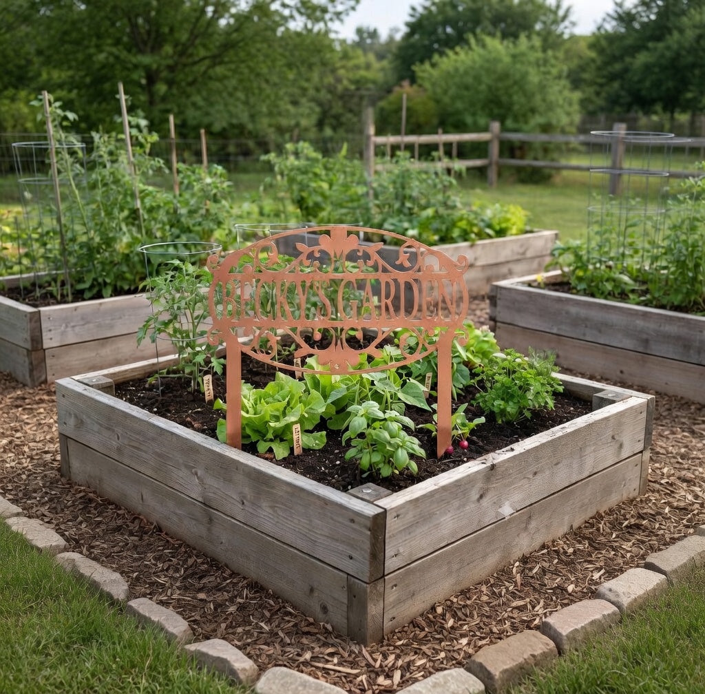 Wooden raised garden bed with decorative metal stand in a lush green garden.