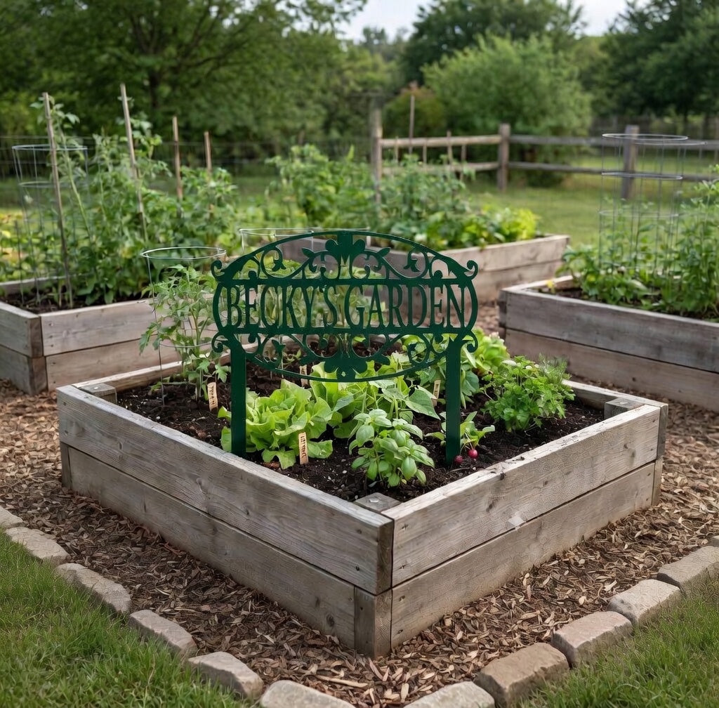 Wooden raised garden bed with decorative metal sign in a garden setting