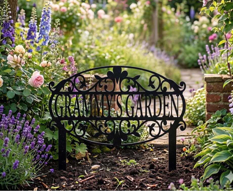 Decorative garden bench with 'Gramma's Garden' inscription in a lush garden setting.