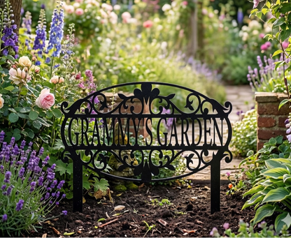 Decorative garden bench with 'Gramma's Garden' inscription in a lush garden setting.
