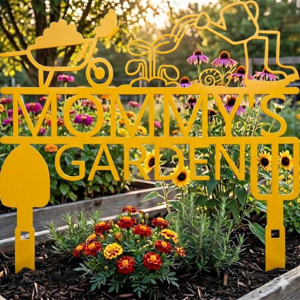 Yellow metal sign with 'Mommy's Garden' in a garden setting with flowers and plants.