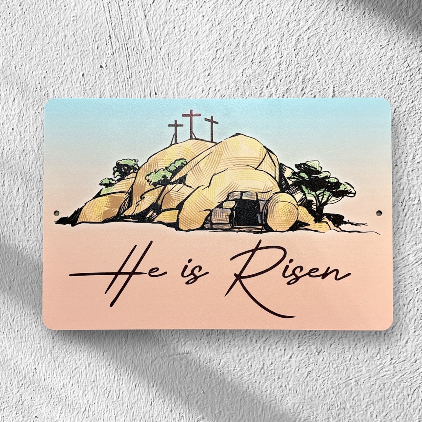 He is Risen Easter metal sign with three crosses on a hill design, Christian wall art.